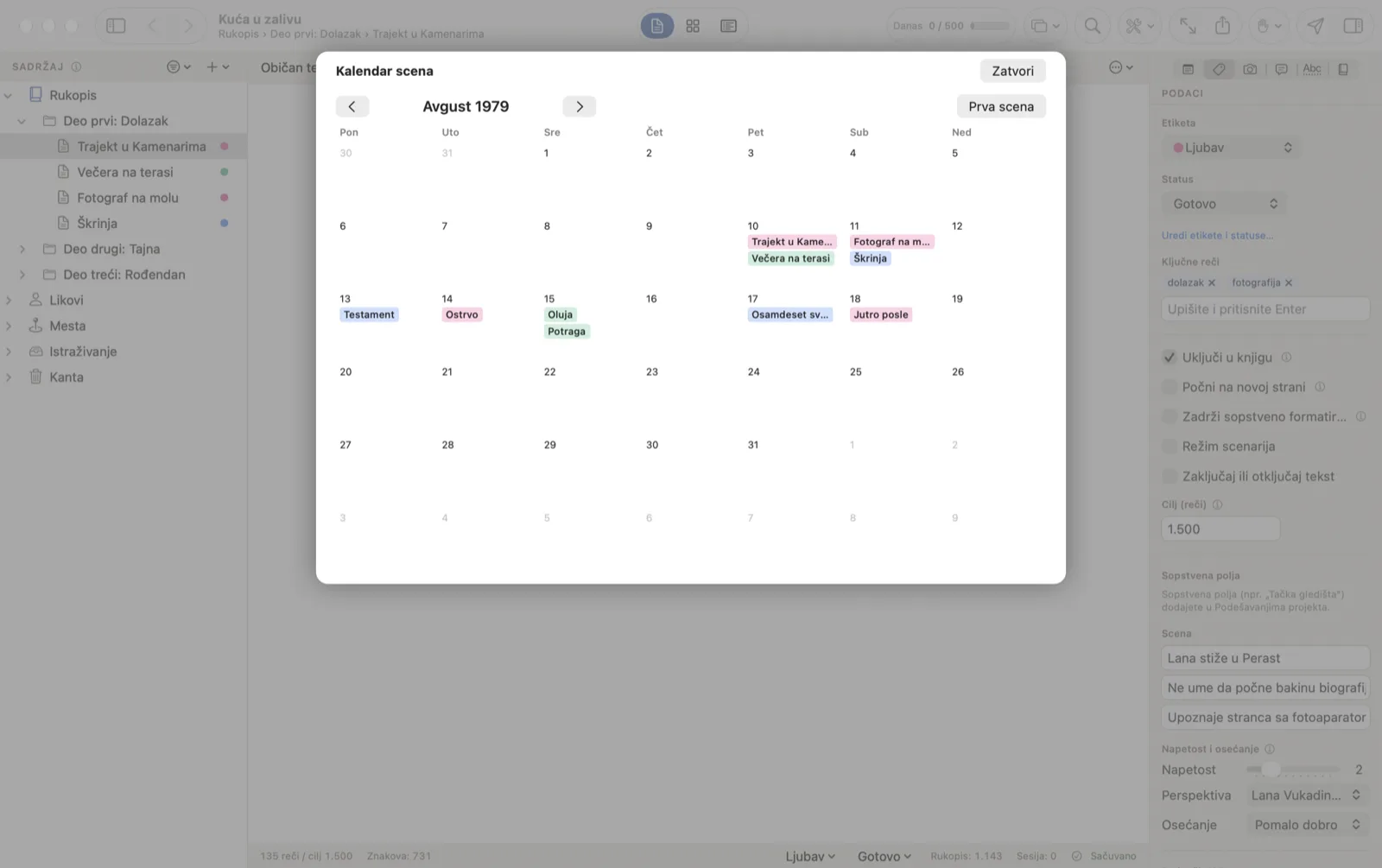 Kalendar scena za avgust 1979.
