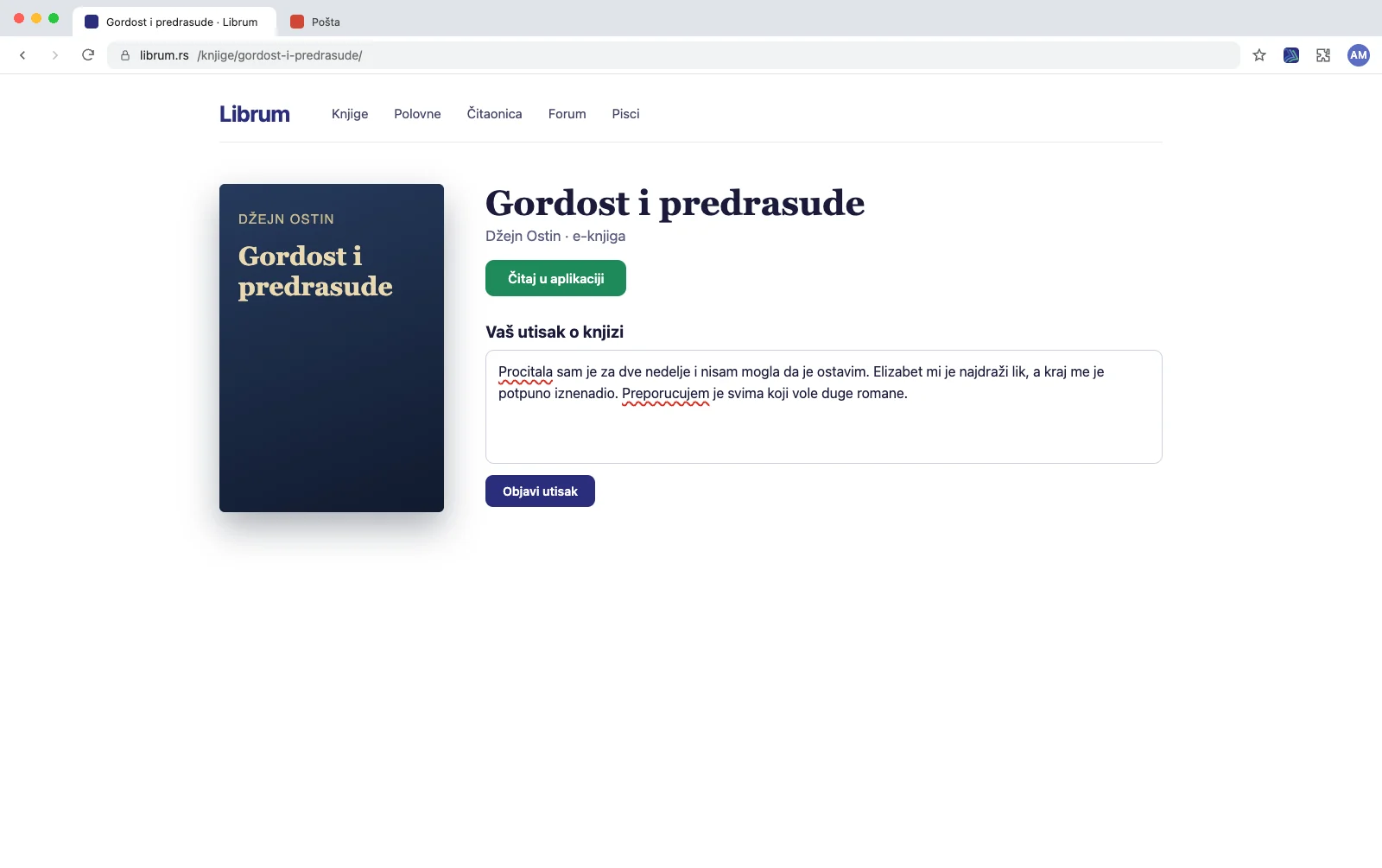 Utisak o knjizi na librum.rs: podvučene reči Procitala i Preporucujem